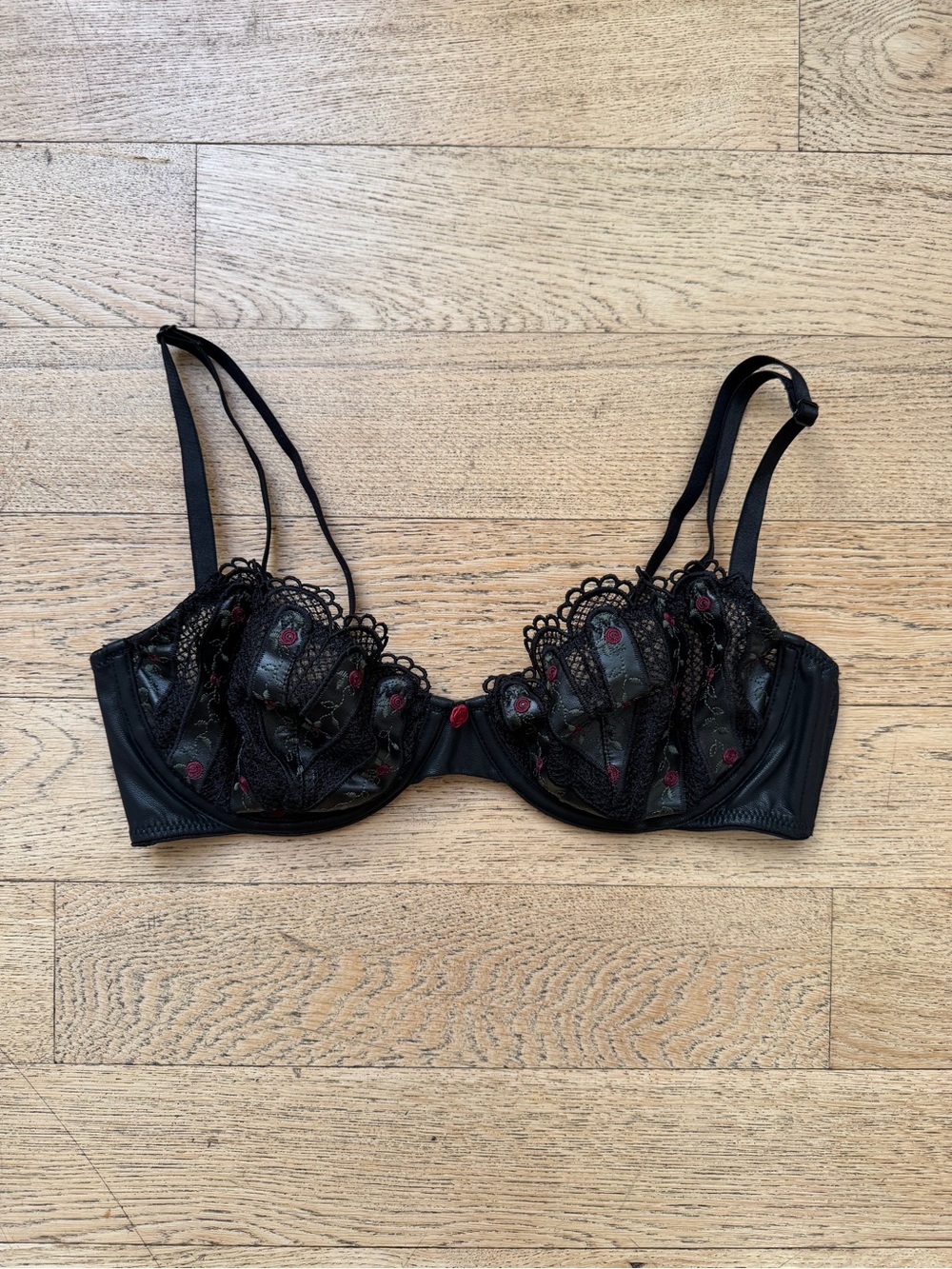 Savage X Fenty Black Faux Leather Rose Embroidered Bra
